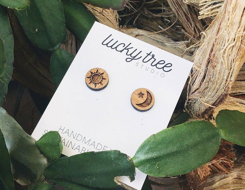 sun and moon stud earrings laser cut from eco friendly bamboo